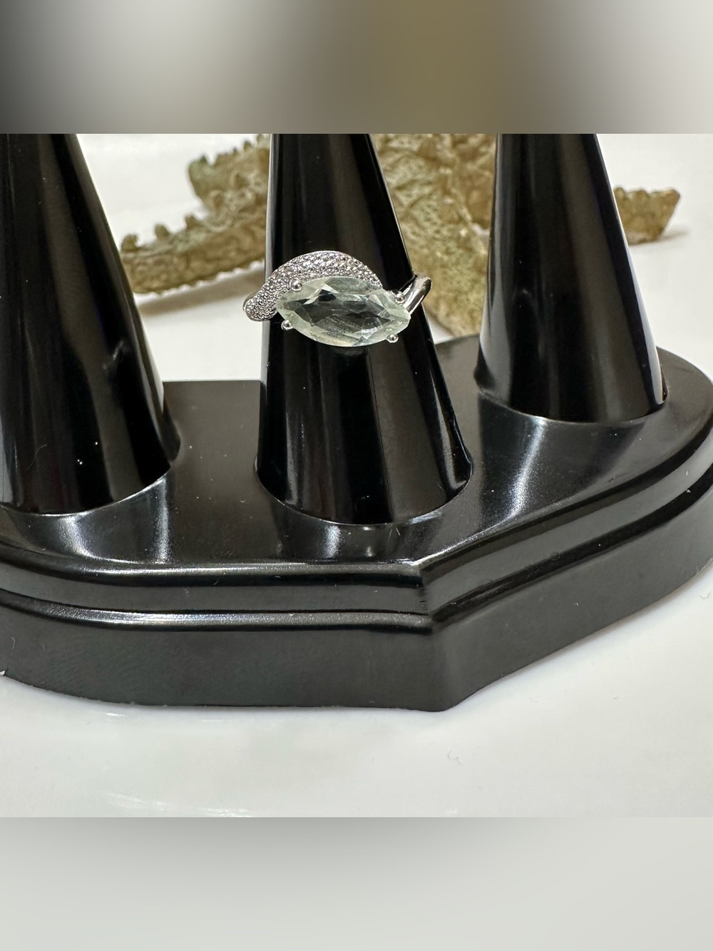 Green Quartz Marquise Gemstone Ring with Pavé Accent silver tone